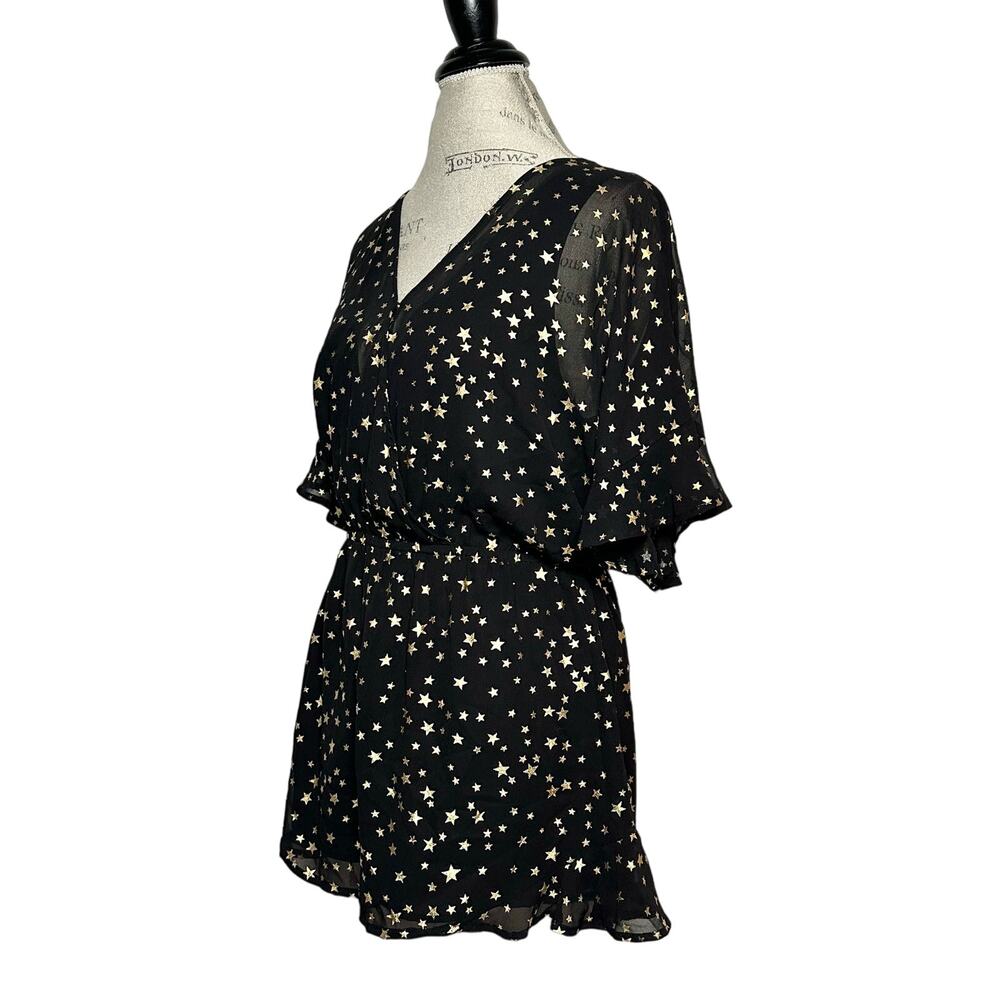 If By Sea Los Angeles | Women | Black Ruffle Gold Star Print Romper | Medium - Picture 4 of 14